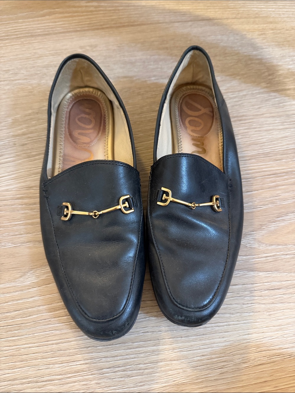 Sam Edelman Black Leather Slip-On Loafers with Gold Bit